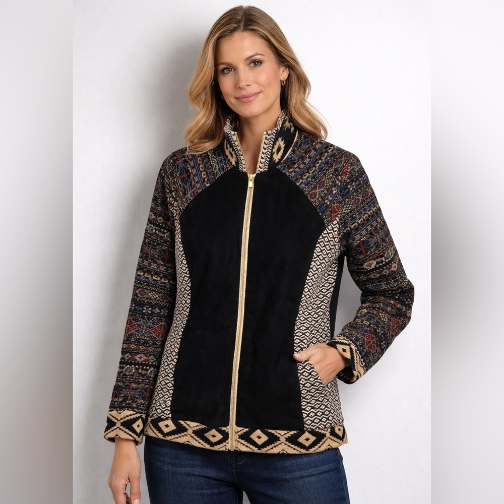 Boho Aztec Southwest Zip Jacket Fair Isle Cozy Knit Coco + Carmen M